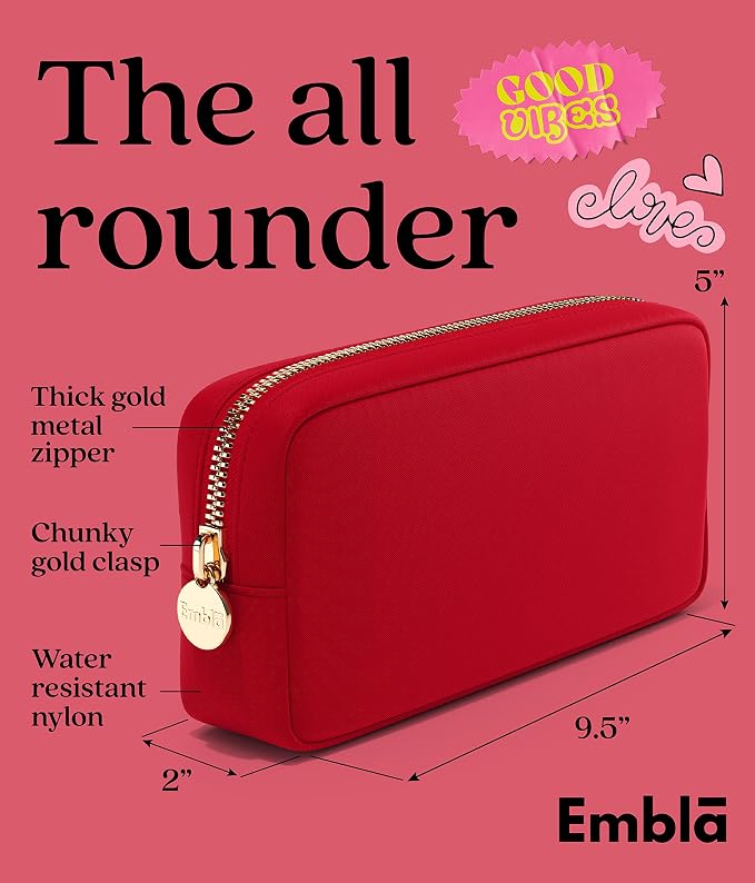Embla Makeup Bag Travel Cosmetics Pouch and Toiletry Bag, Nylon Zipper Pouch Purse, Cute Make Up Organizer Storage Tote for Women Girls, Waterproof Travel Skincare Case, Small Makeup Bags, Ruby Red - Image 2