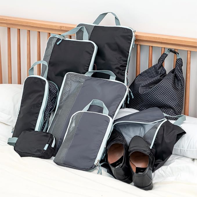 Set of 8 compression packing cubes for travel accessories- Expandable bags for clothing, toiletry, backpacks, organizing essentials (Black & Grey) - Image 9