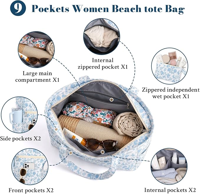 Large Beach Bags for Women, Waterproof Sandproof Beach Tote Bags Swim Pool Bags with Zipper & Wet Pocket Family - Image 7