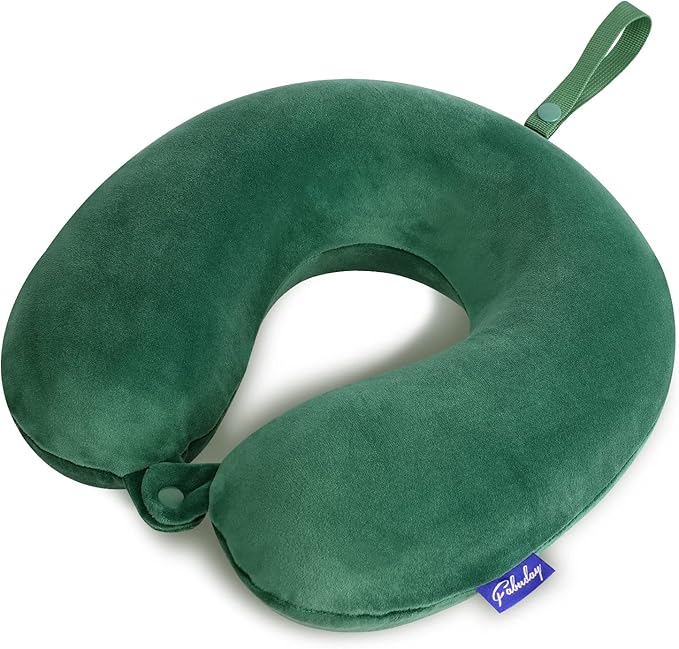 Neck Pillow for Travel Memory Foam - Travel Pillows for Sleeping Airplane with Attachable Snap Strap Soft Washable Cover, Flight Pillow for Traveling, Car, Provide Head Neck Support Dark Green by Fabuday
