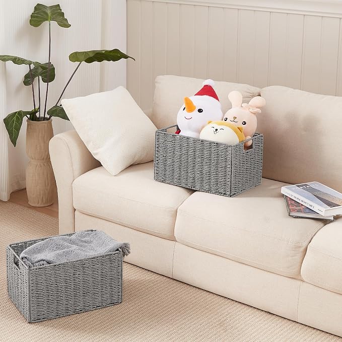 Wicker Storage Basket, Set of 2 Hand-Woven Paper Rope Wicker Basket, Small Storage Baskets for Organizing Toilet Paper Basket, Foldable Large Cube Storage Organizer Bins for Shelves (Grey) - Image 8