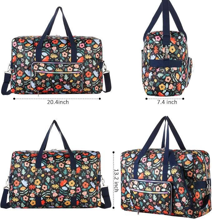 Travel Foldable Waterproof Duffel Bag - Lightweight Carry on Luggage Tote Duffel Bag(Black Floral) - Image 2