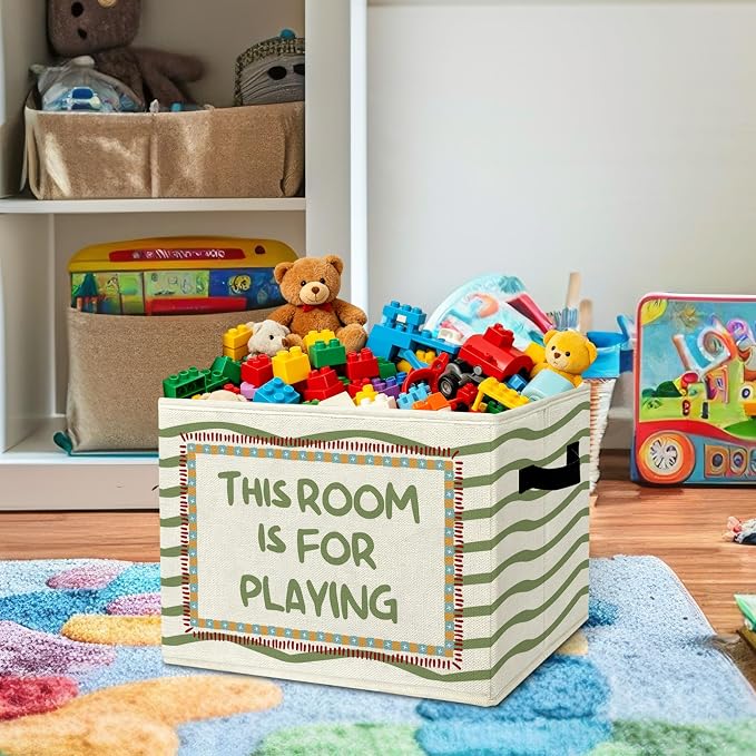 Playroom Encouraging Funny Storage Bins Box with Handles Organizer Basket | playful uplifting foldable basket for organizing, olive green collapsible toys clothes for nursery toddler bedroom, 10x14 in - Image 2