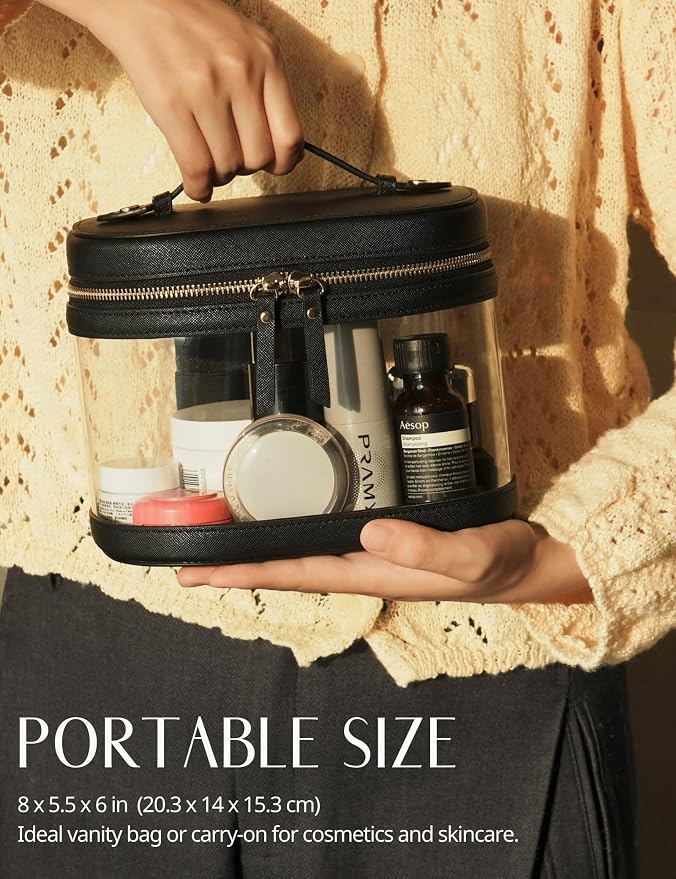 Travel Makeup Bag Clear Compact Make Up Vanity Case with Brush Storage and Top Handle, Toiletry Makeup Case Traveling Leather Cosmetic Bag, Portable Medium Large Sized Train Case, Black - Image 4