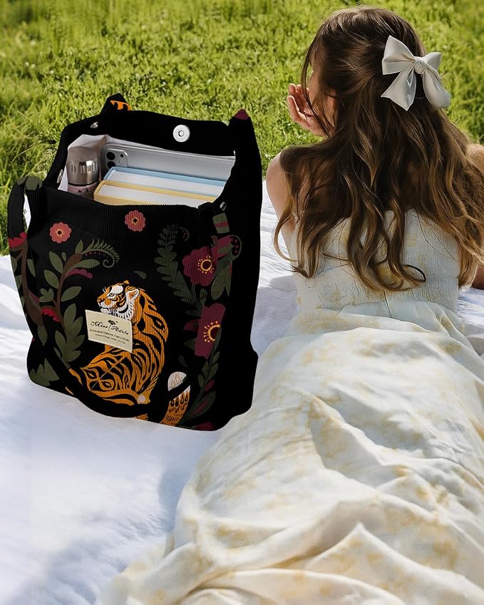 Miss Adola Corduroy Tote Bag for Women with Aesthetic Design | Magnetic Buckle & Pocket, Reusable, Soft, Roomy, Long Shoulder Handles, Double-sided Print, Casual Daily Work, Grocery Bags - Image 3