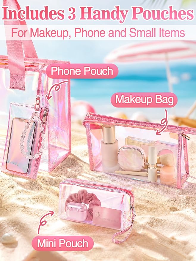 Cosweet Iridescent Beach Tote Bag with 3 Small Pouch for Women | 26L Waterproof Clear Jelly Bag, Tip-Proof Foldable, Small Pouch for Phone Makeup, for Pool Cruise Travel Gifts - Image 5