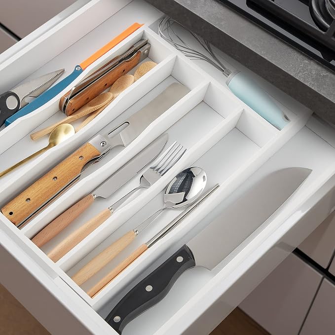 2-Piece Expandable Bamboo Kitchen Drawer Organizer for Cutlery and Utensils, Adjustable Bamboo Wood Cutlery Tray in Drawer for Flatware and Silverware in Kitchen, (White) - Image 4