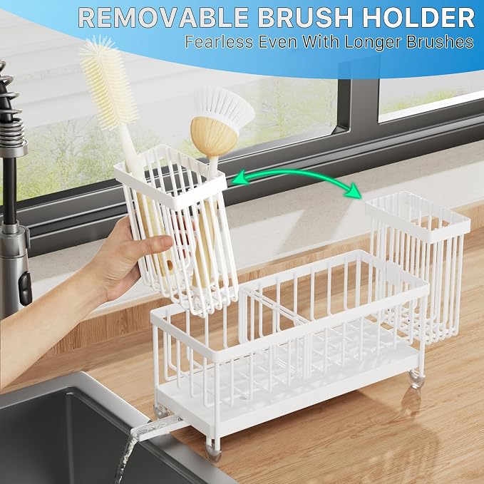 Cisily Sponge Holder for Kitchen Sink, Sink Caddy Organizer with High Brush Holder, Kitchen Countertop Organizers and Storage Essentials, Rustproof 304 Stainless Steel (White, 9.25″) - Image 4