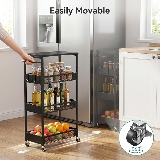 Rolling Utility Cart, 4 Tier Metal Storage Cart with Handle and Wood Top, Multifunctional Mobile Shelf Unit Organizer Trolley for Laundry, Bathroom, Kitchen - Image 4
