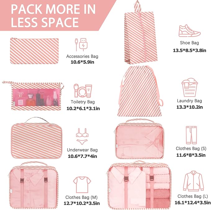 KPX 8 Set Packing Cubes for Travel, Luggage Packing Organizers Accessories Large Toiletries Bag for Clothes Shoes Cosmetics (Pink Strips) - Image 2
