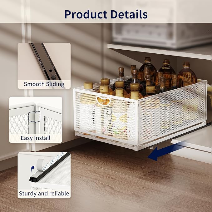 Pull Out Cabinet Organizer, No Drill Adhesive Sliding Drawers for Kitchen, Metal Mesh Wire Storage Shelf for Pantry & Under Sink, White (9.6" W x 15.7" D x 3.9" H) - Image 2