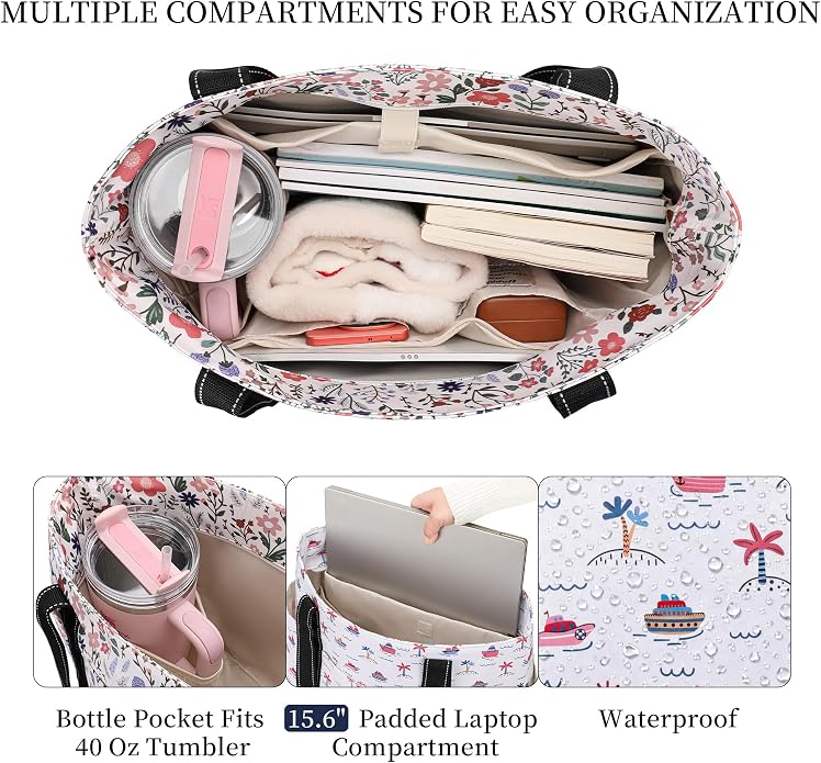 Tote Bag for Women with Laptop Compartment & Cup Holder,Nylon Bag for Work,Travel,Gym,Beach,Teacher,Nurse,School,Mom - Image 5