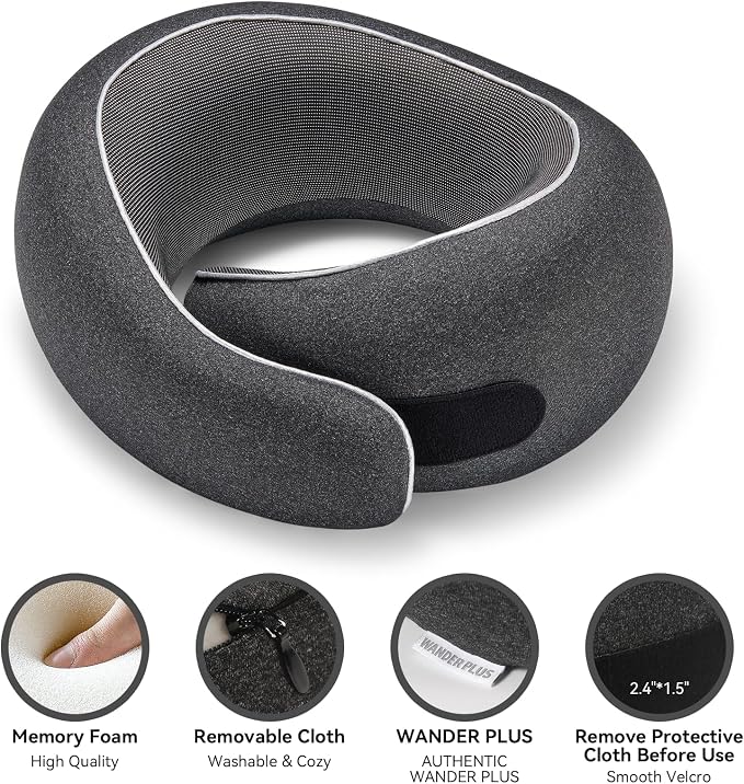 WANDER+ Plus® Travel Pillow, 100% Pure Memory Foam Travel Neck Pillow Airplane Neck Support Ergonomic Design Best for Sleeping Plane Car Train Office Flight for Adults Black - Image 4