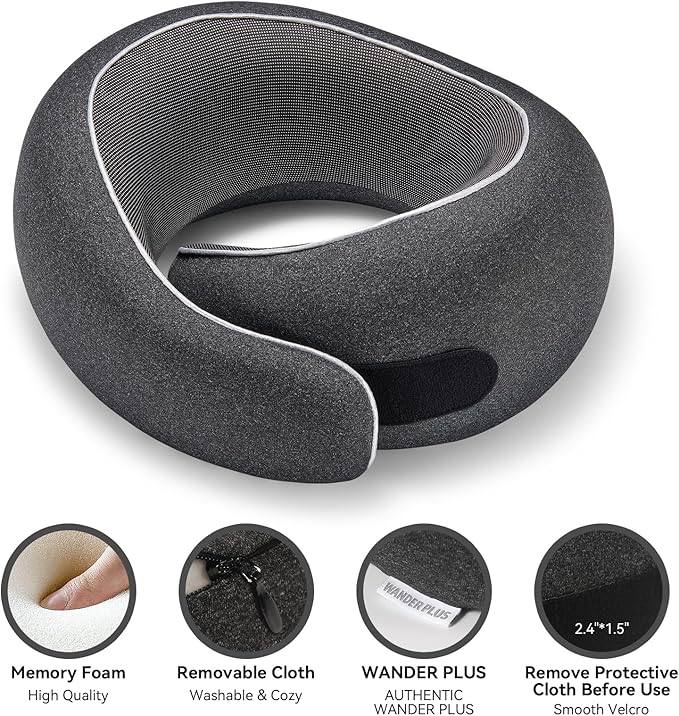 WANDER+ Plus® Travel Neck Pillow, Max Black | Pure Memory Foam, Comfortable Breathable Cover, 360 Degree Support Ergonomic Design - Image 3