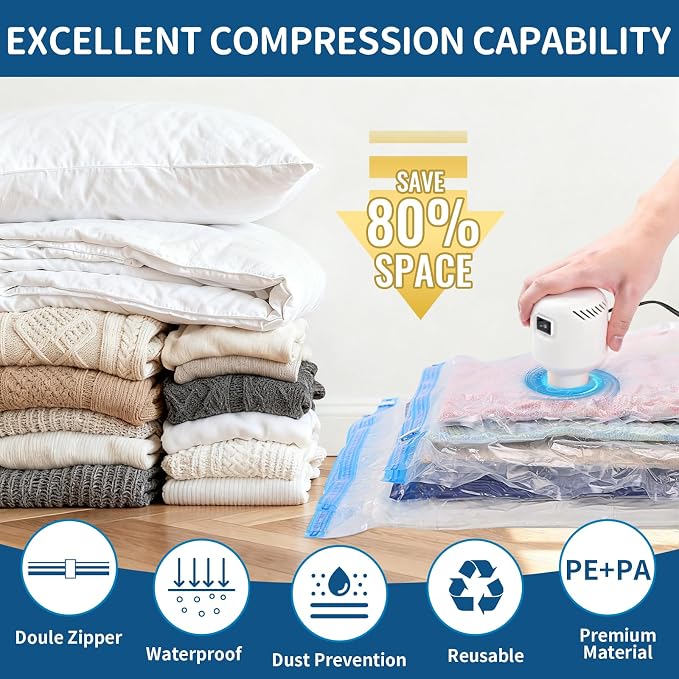 Vacuum Storage Bags for Travel with Electric Pump, 8 Pack | Vacuum Seal Bags for Clothes and Travel, Vacuum Bags For Storage saving 80% space, Reusable Compression Solution - Image 2