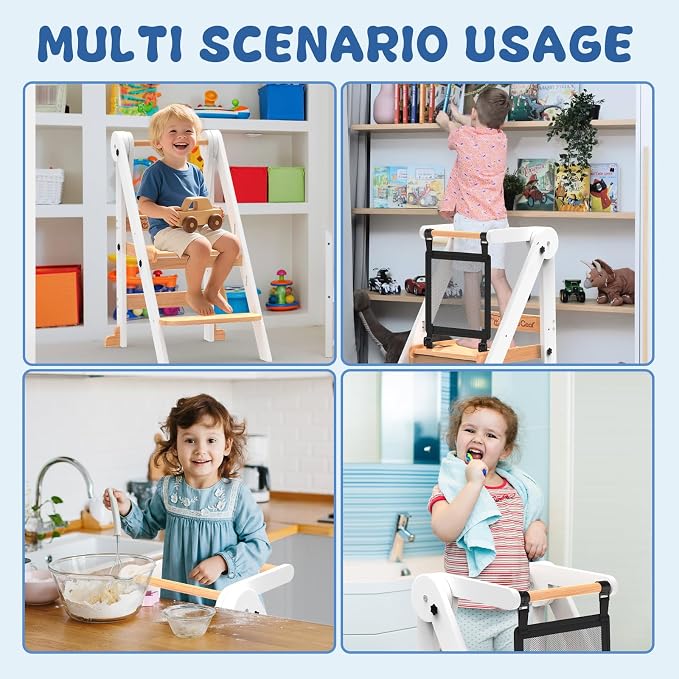 Foldable Toddler Tower, 3 Adjustable Height, Toddler Kitchen Stool Helper | Wooden Standing Tower with Safety Net ,Safety Feet,for Kitchen, Bathroom, Study Room,Offer Customer Service - Image 8