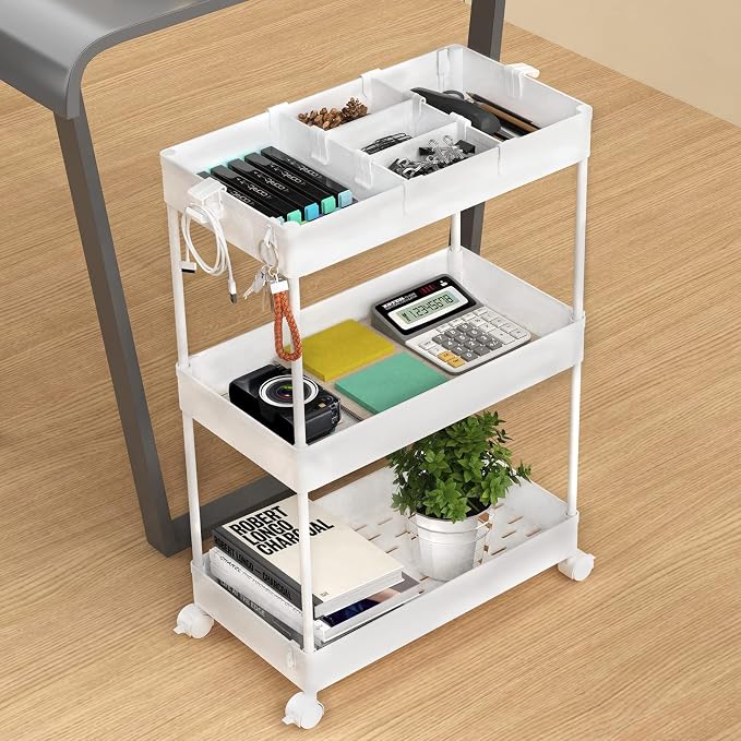 3 Tier Rolling Cart with Wheels, Storage Craft Art Trolley Organizer Serving, 3 Hanging Baskets Easy Assembly, for Office, Bathroom，Living Room, Kitchen, White - Image 6