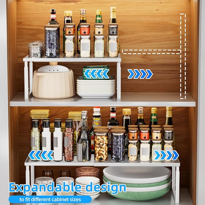 Cabinet Shelves, 4 Pack Stackable Shelves for Pantry Storage | Expandable & Height Adjustable Cabinet Organizer Shelf | Metal Shelf Organizer | White Spice Rack for Pantry Storage - Image 8