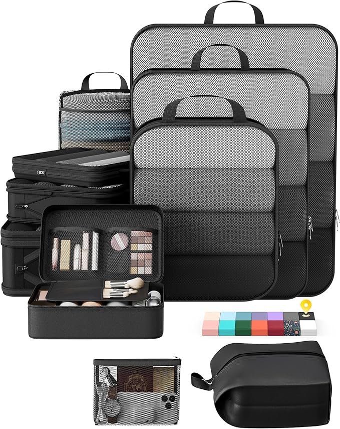 Veken 10 Set Compression Packing Cubes Garment Bags for Travel Essentials,Compressible Expandable Luggage Organizer Bags for Clothing,Space Saver Bags with Over 1000 pcs of Mesh Holes(Black) by Veken