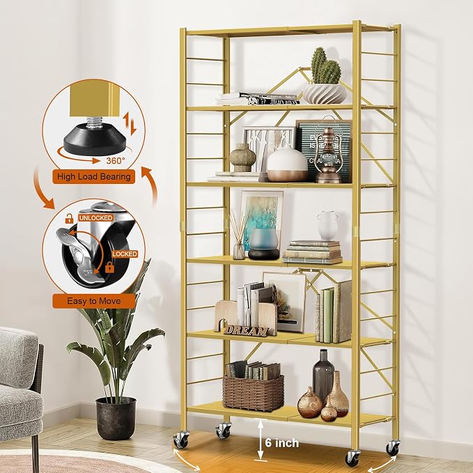 Himix 6-Tier Foldable Storage Shelves Expandable Shelf Wheels Gold 2-in-1 | Folding shelving units, Metal collapsible organization, Changeable into 2 shelf units, Bookshelf, Garage, Holds 3600 Ibs - Image 8