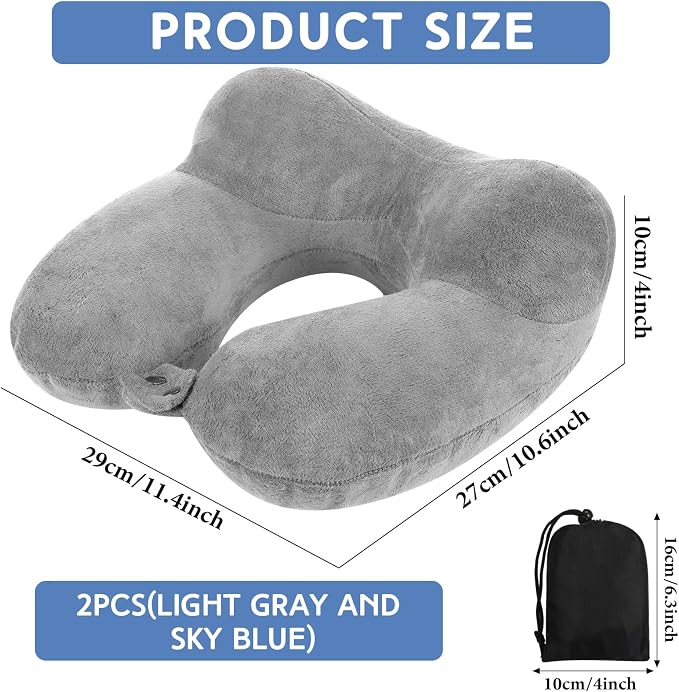 Sintuff 2 Pack Inflatable Travel Pillow for Airplanes Inflatable Neck Flight Pillows with Compact Bag and Blindfold for Traveling, Airplane, Train, Car, Office(Light Gray and Sky Blue) - Image 2