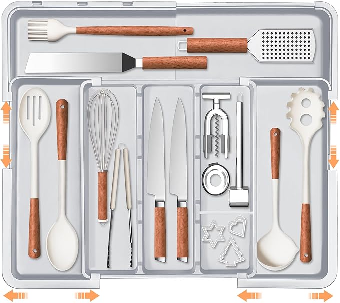 Large Utensil Drawer Organizer Expandable Silverware Organizer for Kitchen Drawer Adjustable Cooking Utensil Holder Cutlery Flatware Tray Spatula Tools Gadgets Storage Dividers Plastic Grey by Spaclear