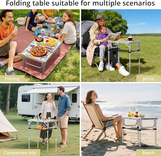 Anbte 2ft Small Folding Table, 3 Adjustable Height for Camping, 24" x 16" | Folding Camping Table with Storage Net, Lightweight & Portable with Carry Handle, for Outdoor Indoor Camping Beach RV, Floral - Image 8