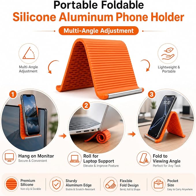 2PCS Portable Foldable Silicone Aluminum Phone Stand, Bendable Core Foldable Rollable Phone Holder - Flexible iPhone Stand for Long Travel Accessories - Plane Essentials (Black+Orange) - Image 2