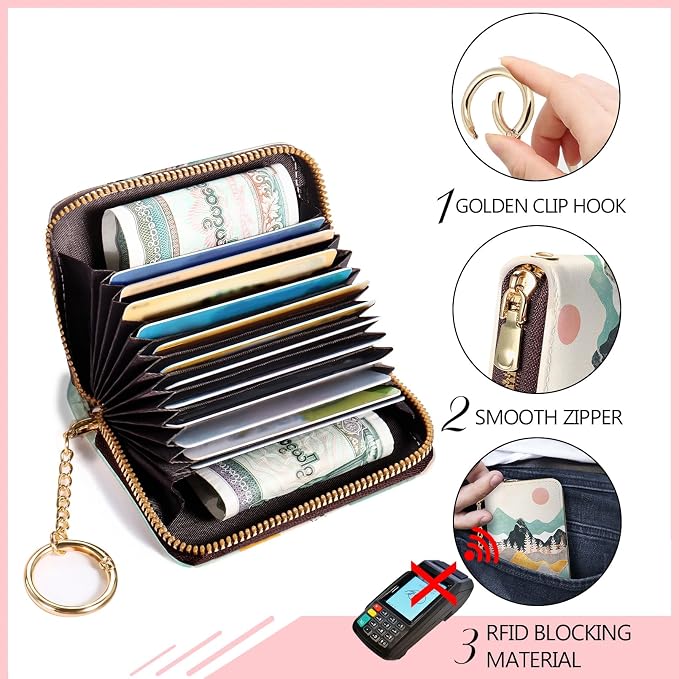 Blusabaca RFID Credit Card Holder Small Women Travel Wallet, Sunrise | Sunset Mountain, Removable Keychain, Case Zipper, PU Leather, Cash Coin Pocket, Business Accordion Purse, Ladies Female Gift - Image 5