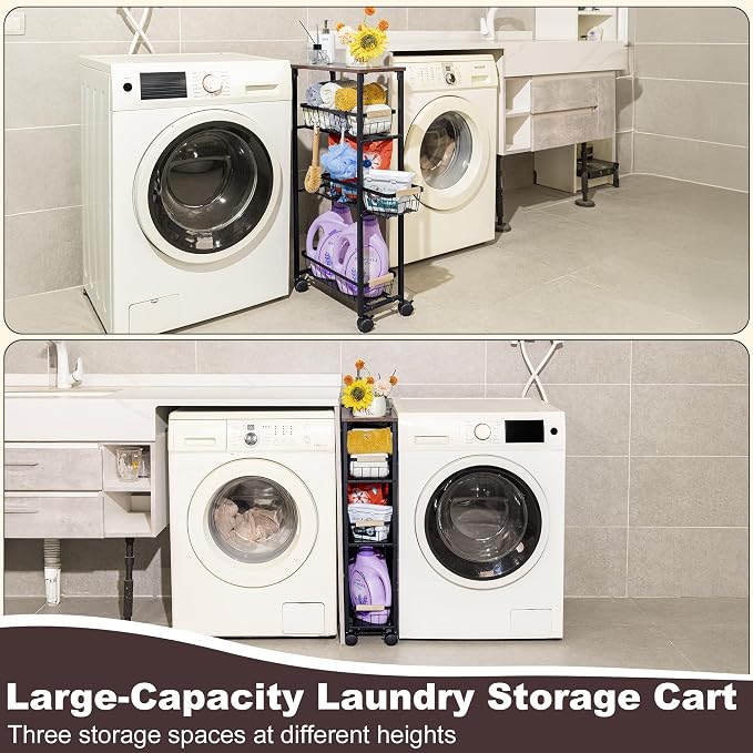 Narrow Rolling Cart with Wheels, 4-Tier Slim Metal Storage Cart with Pull-Out Baskets, 7.87 Inch Width Small Laundry Room Organizer Cart, Space-Saving for Kitchen, Bathroom - Image 2