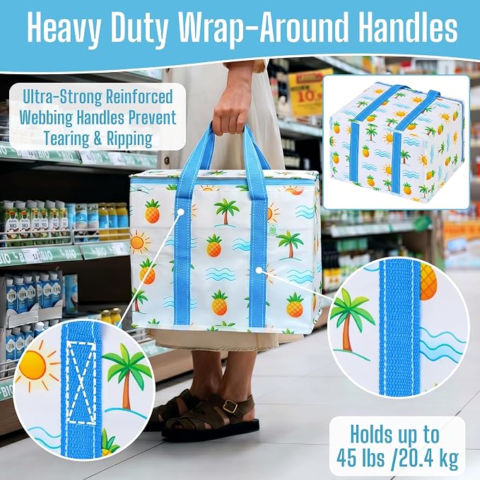 VENO 2 Pack Insulated Cooler Bag Reusable Grocery Bag for Food Delivery | Heavy Duty Large Collapsible Cooler Shopping Tote w/ Zippers, Foldable, Stands Upright for Camping (Tropical Island, 2 Pack) - Image 4