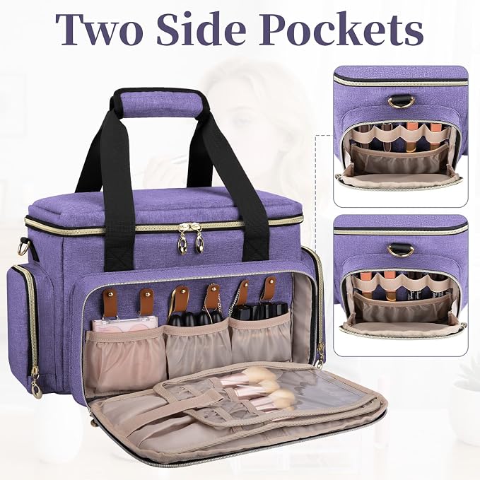 GDNasist Large Makeup Bag, Portable Travel Makeup Bag Organizer | Cosmetic Travel Bag for Women Girls with 2 Removable Pouches & Detachable Dividers, Toiletry Bag for Makeup and Hair Supplies - Image 8