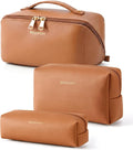 BAGSMART Makeup Bag Travel 3 Pcs Set Cosmetic Toiletry Bag,Classic Brown | 3 Pcs Set Large Make Up Bag Flat Open for Women, PU Leather Travel Essentials Organizer, Wide-open Pouch for Skincare,Brushes by BAGSMART