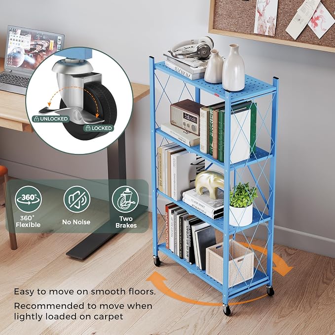 DEANIC 4 Tier Foldable Storage Shelves with Wheels, Large Capacity Shelving Unit, Freestanding Metal Wire Shelf Rack, No Assembly Organizer Rack for Garage Kitchen, Basement, Pantry(Blue Pack of 2) - Image 7