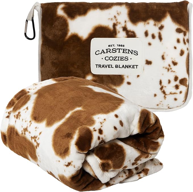 Carstens, Inc. Travel Blanket, Premium Compact 2-in-1 Airplane Blanket/Pillow, Cow Print by Carstens
