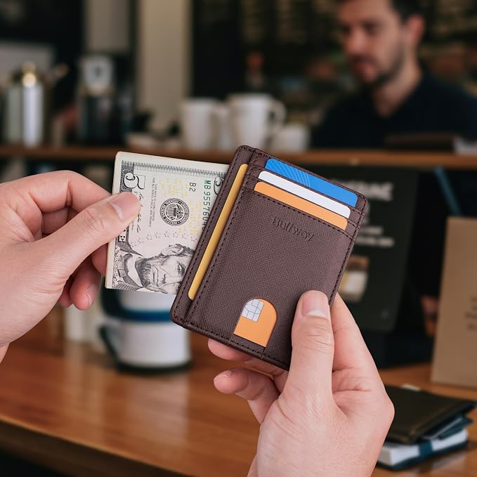 Buffway Slim Minimalist Front Pocket RFID Blocking Leather Wallets for Men and Women - Cross Coffee - Image 6