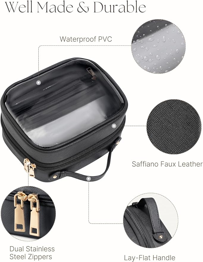 Clear Cosmetic Bag Double Layer Travel Toiletry Bag Clear Makeup Bag Case with 4 Compartments, Transparent Travel Bag for Toiletries, Large Toiletry Bag for Women Cosmetic Case (Black, Small) - Image 6