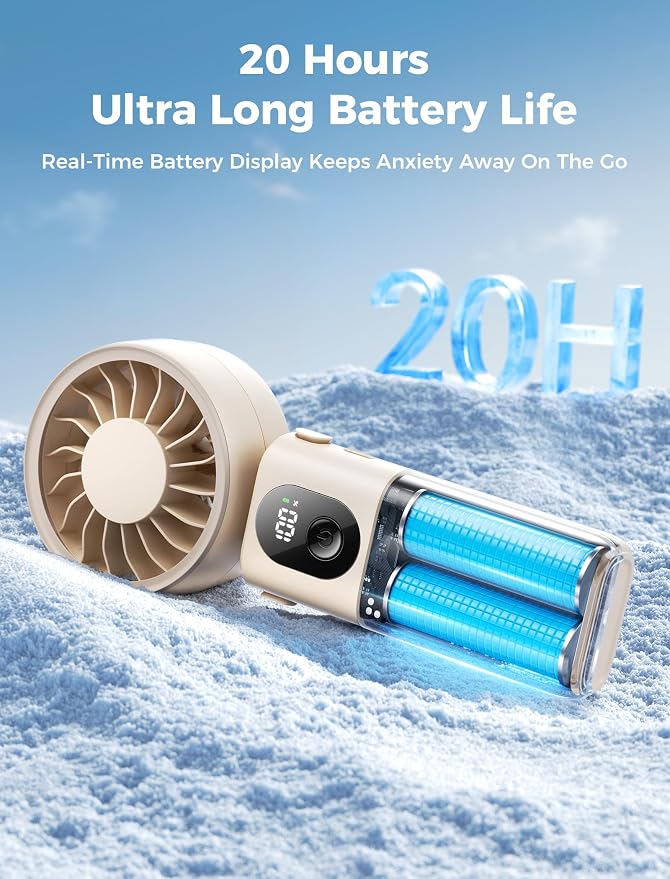 Aecooly Mighty Portable Handheld Fan | 20H Max Cooling | 3 Flexible Modes | 5 Speeds Wind | Battery Level Display | Mini USB Rechargeable Personal Battery Powered Fan Travel Gifts for Women -Beige - Image 6