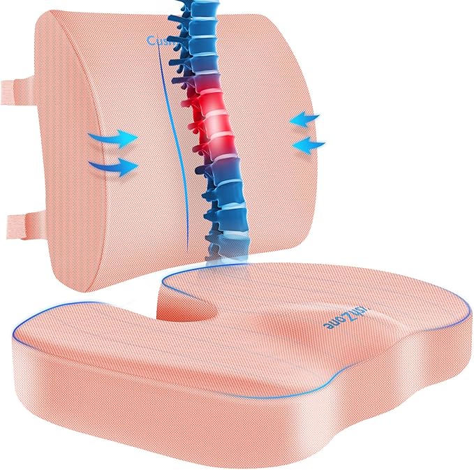 CushZone X-Large Seat Cushion and Lumbar Support Pillow for Office, Pink | Thick Memory Foam for Sciatica Pain Relief & Posture Correction, Non-Slip Chair Cushions for Car, Wheelchair and Travel by CushZone