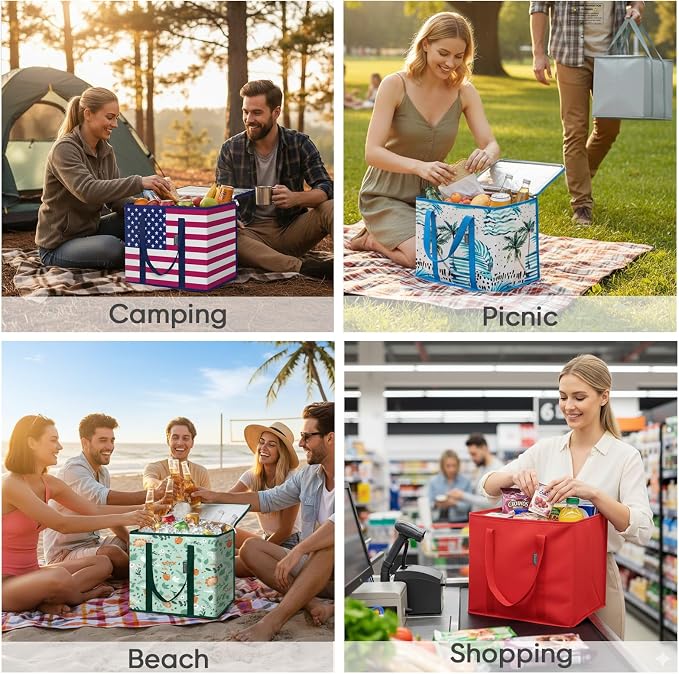 BALEINE 2Pk Insulated Reusable Grocery Bags, Collapsible Cooler Bag for Groceries, Heavy Duty Large Insulated Bag (16''x9''x13'', Bright Red) - Image 6