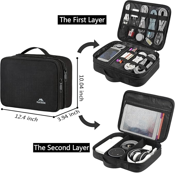 MATEIN Cable Organizer Bag, Large Travel Storage Bag, Sturdy Tool Case | with Handle, Carrying Case for Phone, Cord, Electronics Accessories, Tablet (Up to 12.9inch), Powerbank, Hard Drive, Black - Image 3