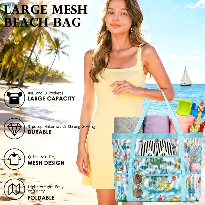 Fammart Mesh Beach Bag for Women, Large Beach Toy Pool Bag with Zipper Pocket, SandProof Cruise Essentials 2026 Family Travel - Image 3