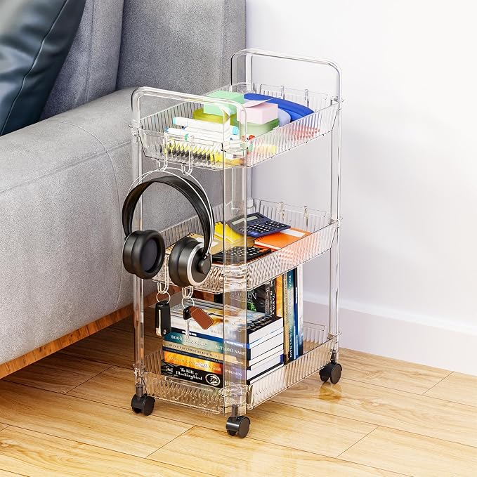 Clear 3 Tier Rolling Utility Cart with Wheels,Modern Bedside Cart for Baby Essentials,Nursery,Diaper Caddy,Baby Supplies,Rolling Storage Carts for Living Room,Bathroom,Kitchen,Book Cart - Image 4
