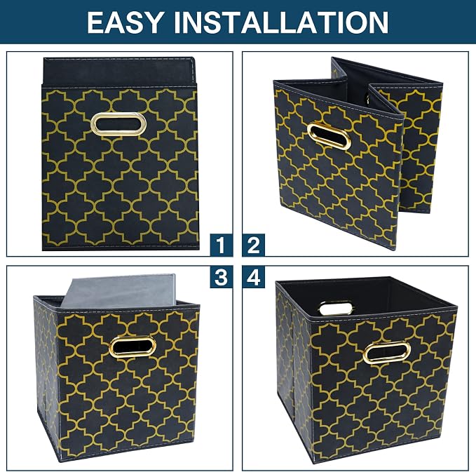 Fabric storage bins Cubes, Fabric Cube Organizer with Handle, Foldable Cube Bins for Cloth or Accessary Storage, 11x11x11, Set of 3, (Grey Gold) - Image 6