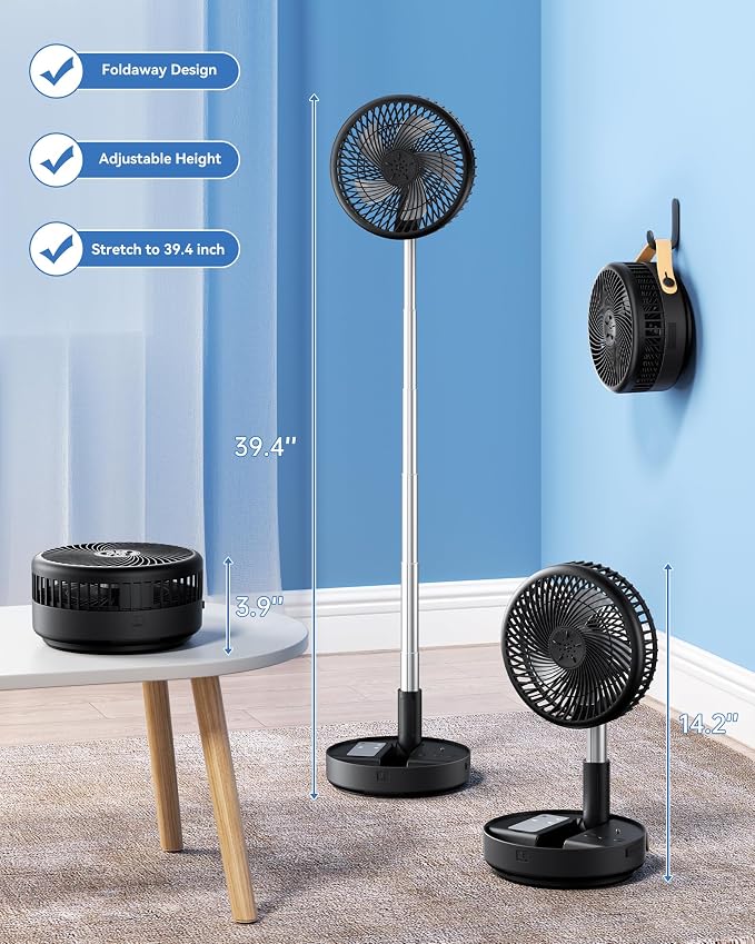 Portable Oscillating Travel Fan, 10400mAh Rechargeable Battery with Remote | Foldable, Floor Table Desk Fan ,8H Timer, 4 Speed Settings Pedestal Fan for Home Bedroom Sleeping Camping Cruise, Black 8" - Image 4