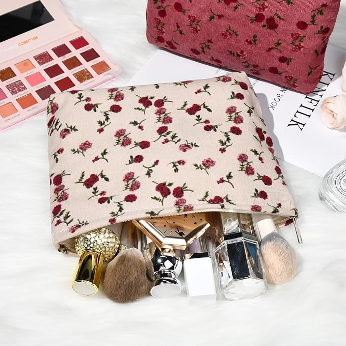 SOIDRAM 2 Pieces Rose Makeup Bag Large Corduroy Cosmetic Bag Capacity Canvas Travel Toiletry Bag Organizer Cute Makeup Brushes Aesthetic Accessories Storage Bag for Women, Rose L White Pink - Image 5