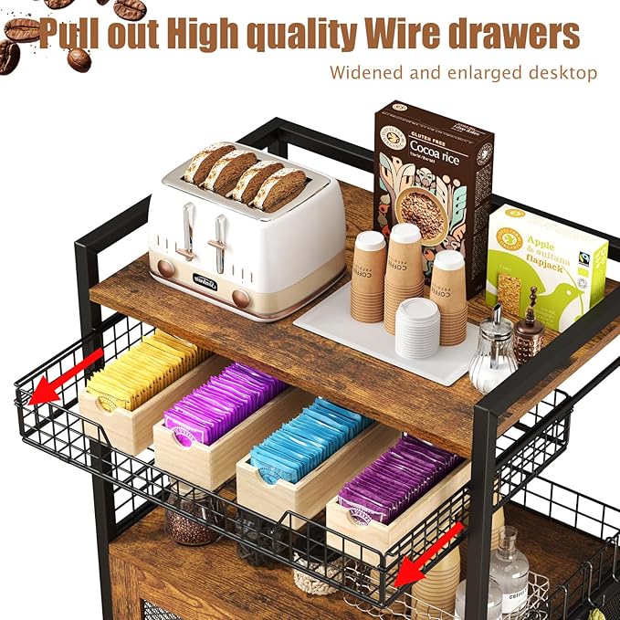 Hencawima Coffee Bar Cabinet, 3 Tier Coffee Station Table on Wheels, 35.9" H Bar Cart with Wire Basket Drawer & 5 Hooks for Home Kitchen, Liquor Buffet Sideboard Cabinet (Rustic Brown) - Image 2