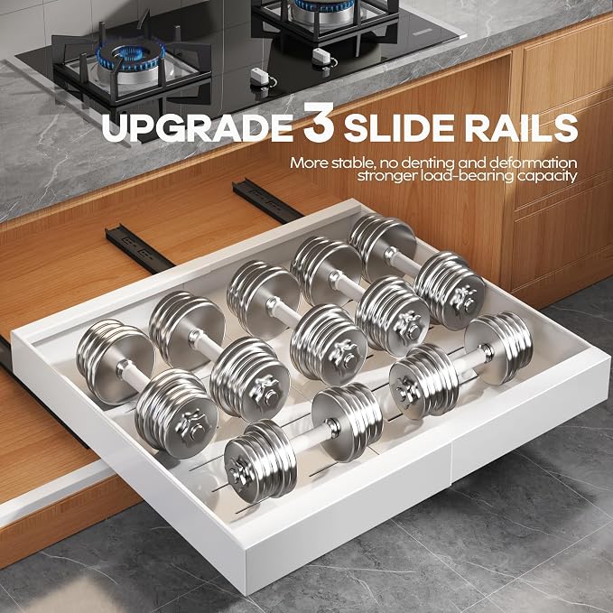 Seinloes 2 Pack Expandable Pull Out Cabinet Organizer 21"Deep With Raising Pad for Framed Cabinets,Upgrade 3 Slide Rails Slide Out Drawers,Roll Out Shelves Adhesive,Adjustable Width 15.15"-26.3" White - Image 5