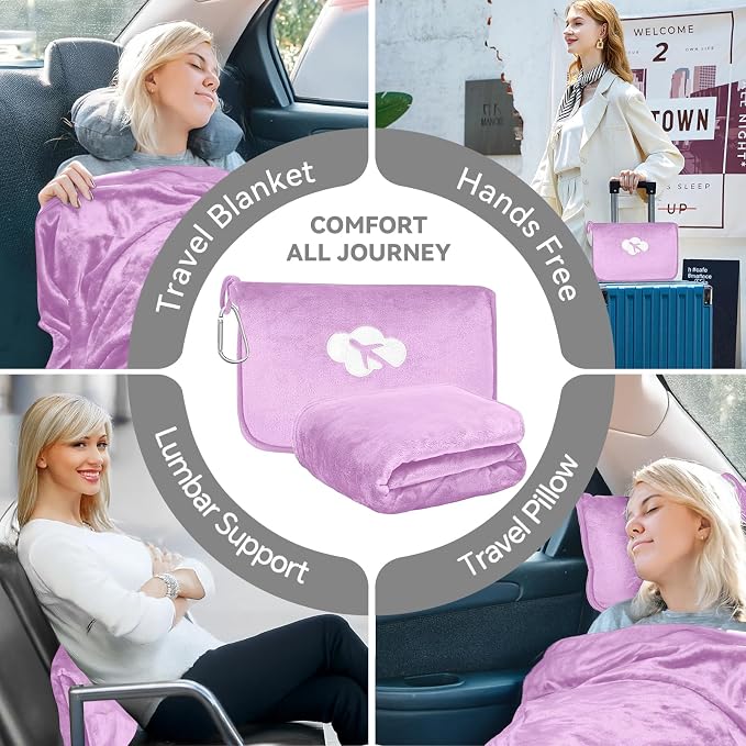 Travel Blanket and Pillow Compact, Premium Soft 2 in 1 Airplane Blanket with Soft Bag Pillowcase，Hand Luggage Sleeve and Backpack Clip (Solid Purple) - Image 7