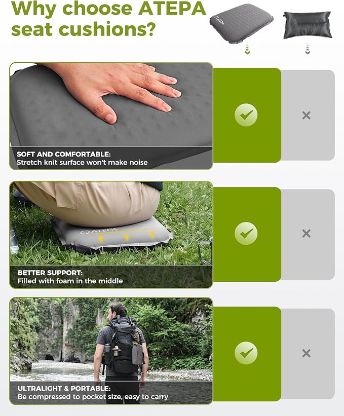 ATEPA Inflatable Seat Cushion | 2" & 2.5" Foam Core Seat Pad, Self Inflating, Compact, Stadium, Airplane, Travel, Camping, Hiking, Sports events - Image 5